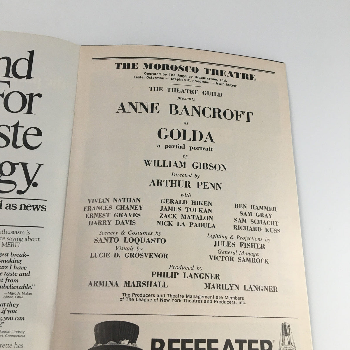 Cast listing page from the 1977 Playbill Morosco Theatre 'Golda', showcasing Anne Bancroft and other cast members.