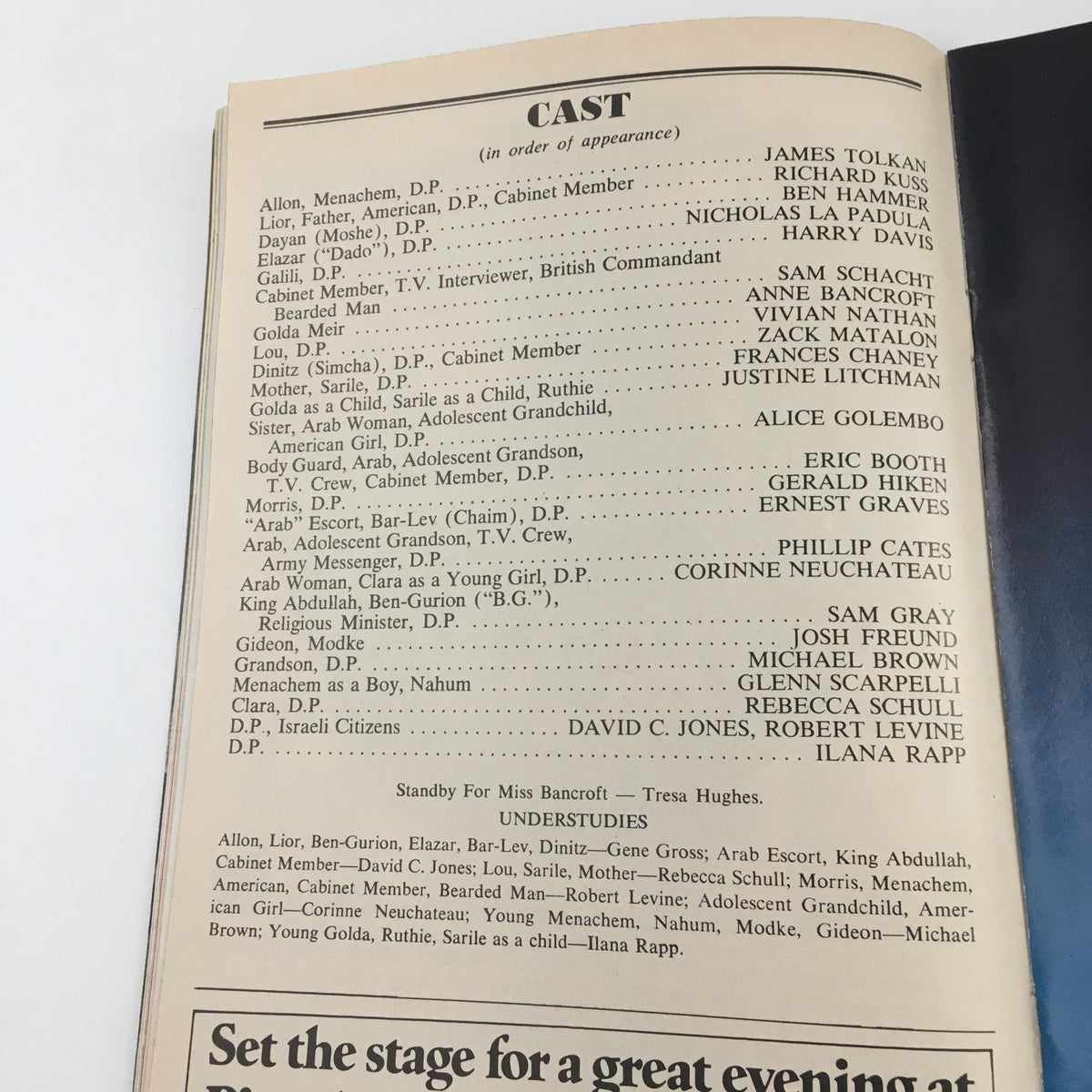 Cast and crew details page from the 1977 Playbill Morosco Theatre 'Golda', celebrating the creative team and performers.