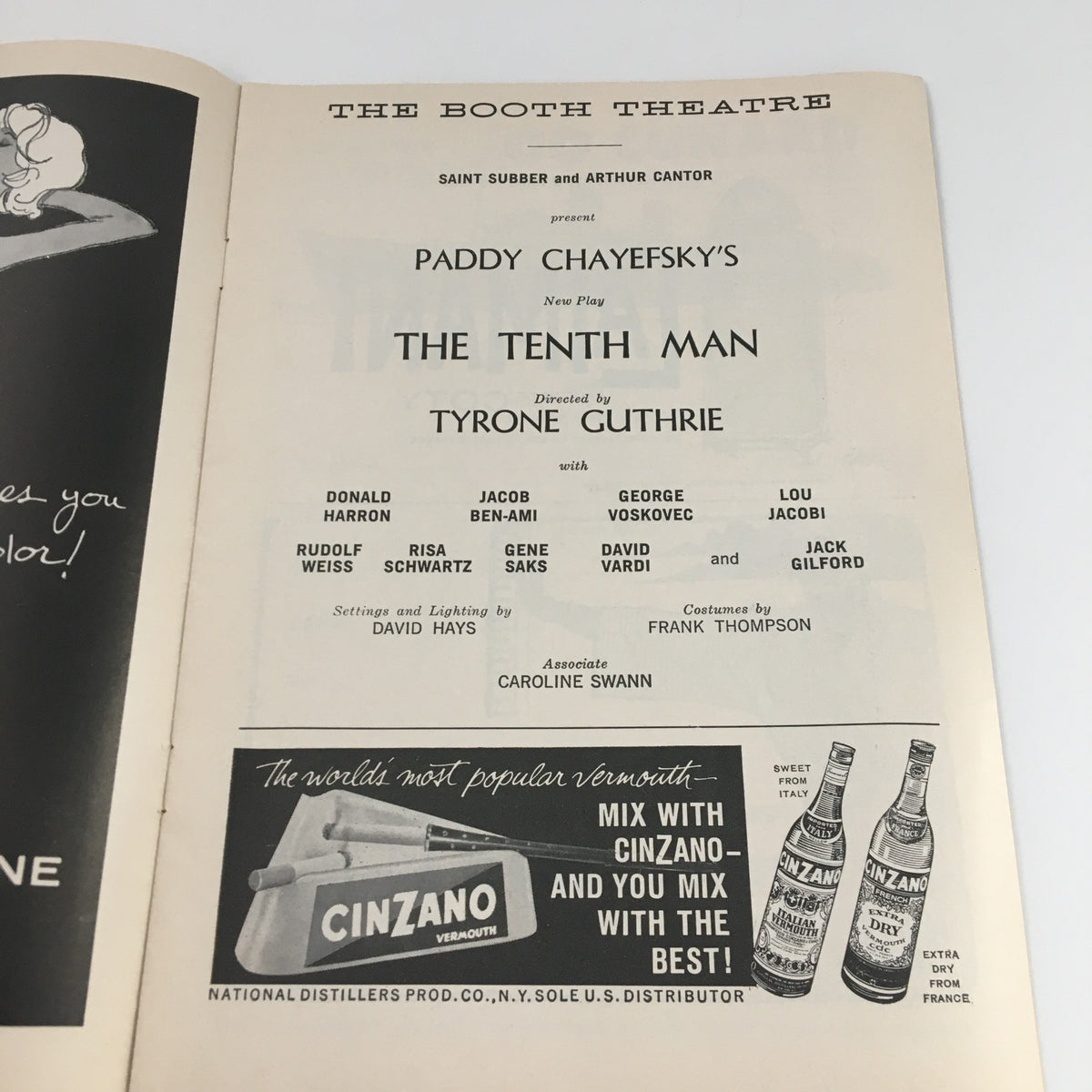 Inside page of the 1960 Playbill for 'The Tenth Man' at The Booth Theatre, showcasing the cast, crew, and production details, a must-have collectible for fans of vintage theatre.