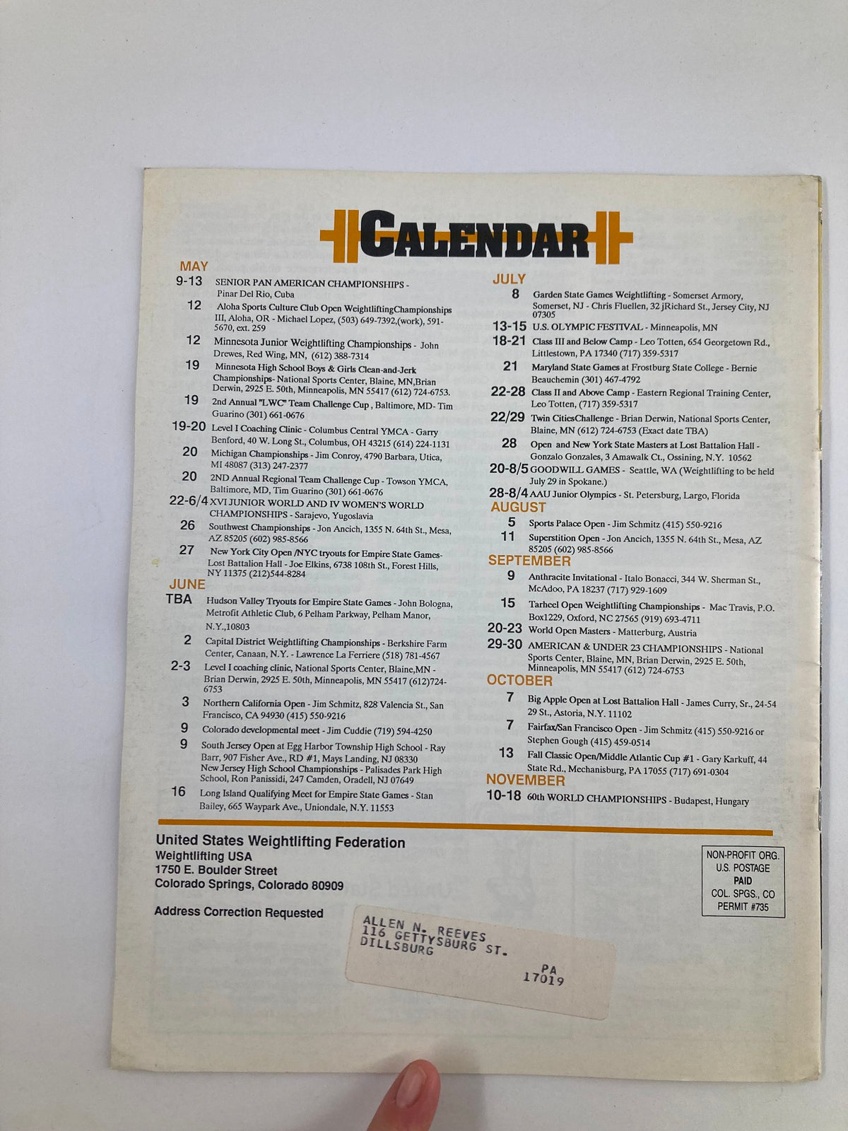 Calendar page from VTG Weightlifting USA Magazine 1990 Volume 8 #2, showcasing important dates and events in weightlifting, including championships and training opportunities.