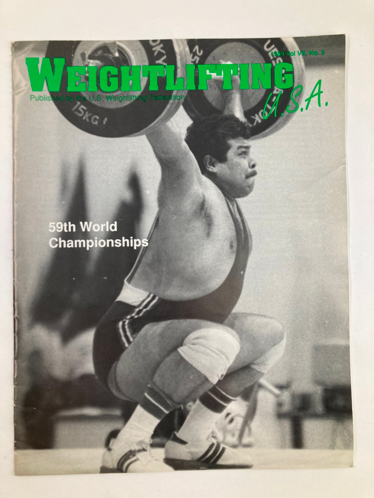 Cover of VTG Weightlifting USA Magazine 1989 Vol 7 #5 featuring Mario Martinez at the 59th World Championships, showcasing a weightlifter in action.