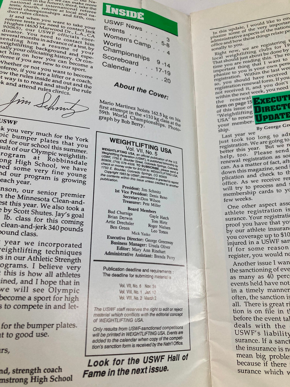 Inside page of VTG Weightlifting USA Magazine 1989 Vol 7 #5 featuring the contents and a signature from Jim Schmidt.
