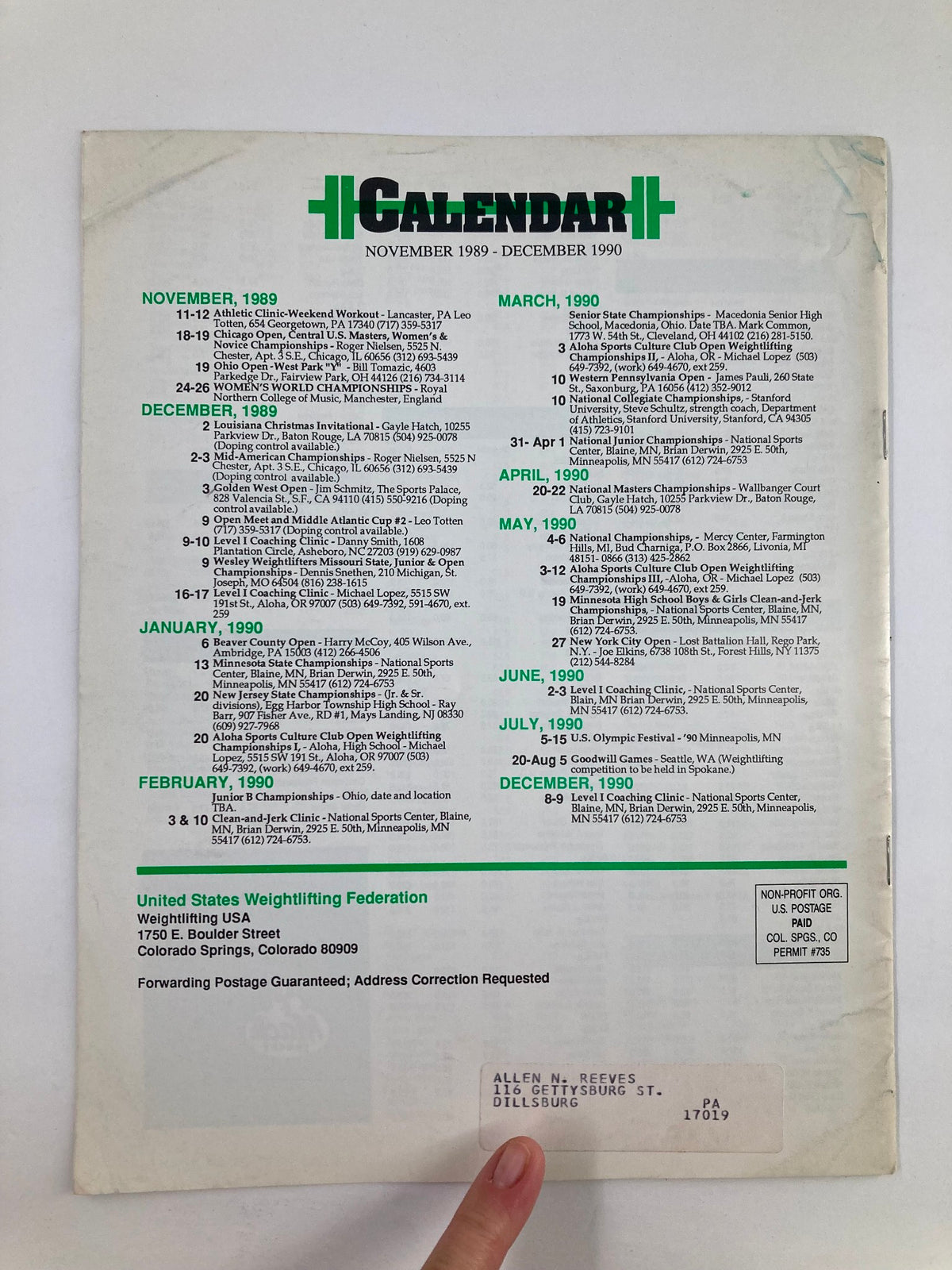 Back cover of VTG Weightlifting USA Magazine 1989 Vol 7 #5 displaying a calendar of weightlifting events from 1989 to 1990.