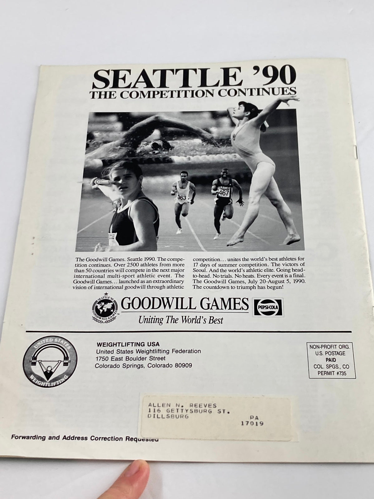 Back cover of VTG Weightlifting USA Magazine 1988 Vol 6 #4 with information on Seattle '90 Goodwill Games and address specifics.