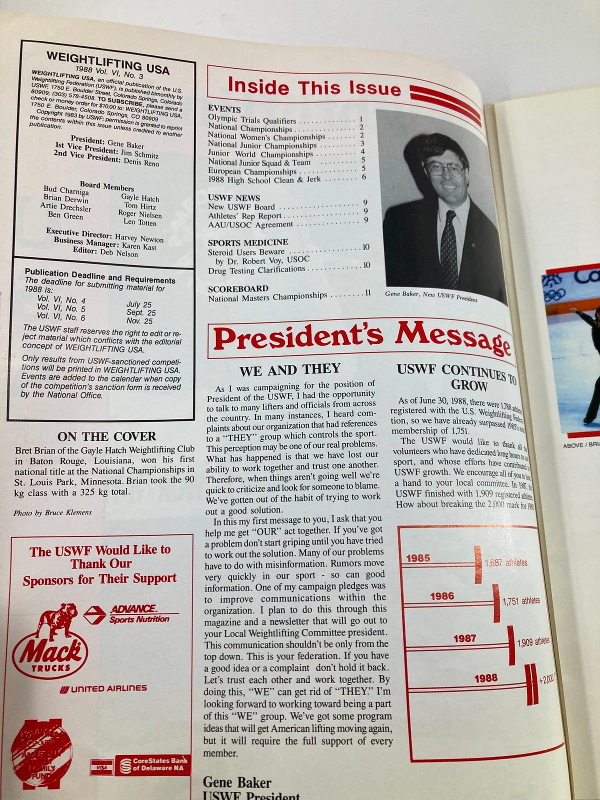 Inside page of Weightlifting USA Magazine 1988 Vol 6 #3, including articles listing, president's message, and organizational details.