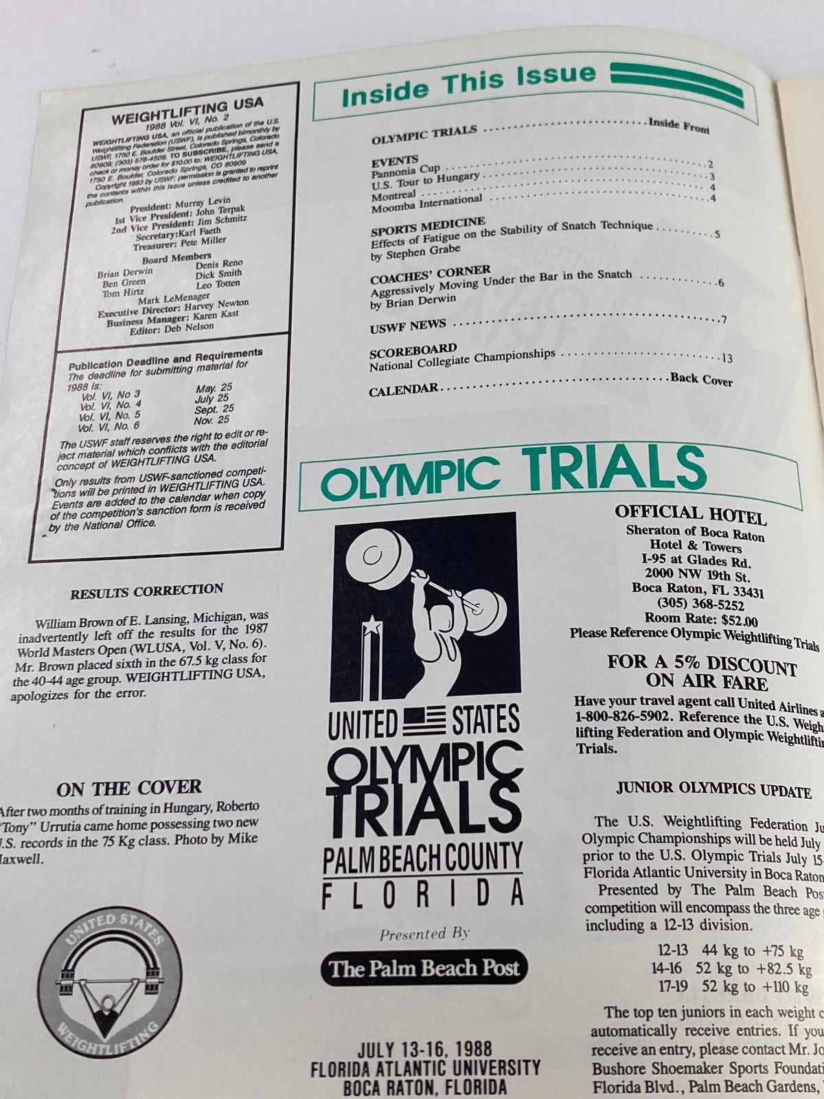 Inside page of the VTG Weightlifting USA Magazine 1988 Vol 6 #2 featuring a table of contents listing significant articles and events, including Olympic Trials and scores from the U.S. Weightlifting Federation.