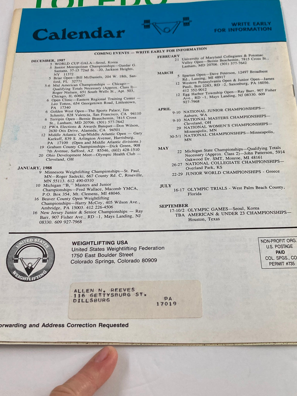 Back cover of the 1987 VTG Weightlifting USA Magazine Volume 5, Number 5, displaying a calendar of upcoming events and contact information for the U.S. Weightlifting Federation.