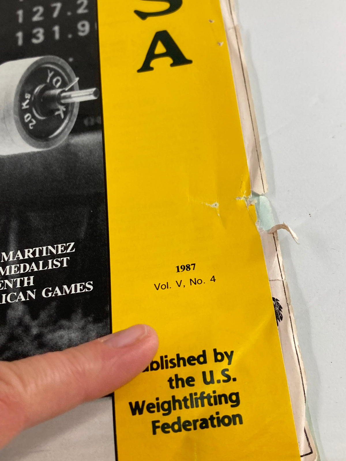 Close-up of the Vintage Weightlifting USA Magazine 1987 Vol 5 #4 cover, highlighting the publication details and Mario Martinez's achievements.