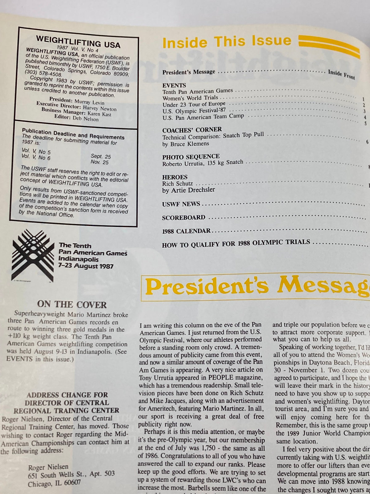 Inside page of Vintage Weightlifting USA Magazine 1987 Vol 5 #4 detailing the events and editorial contributions, including a message from the President and technical articles.