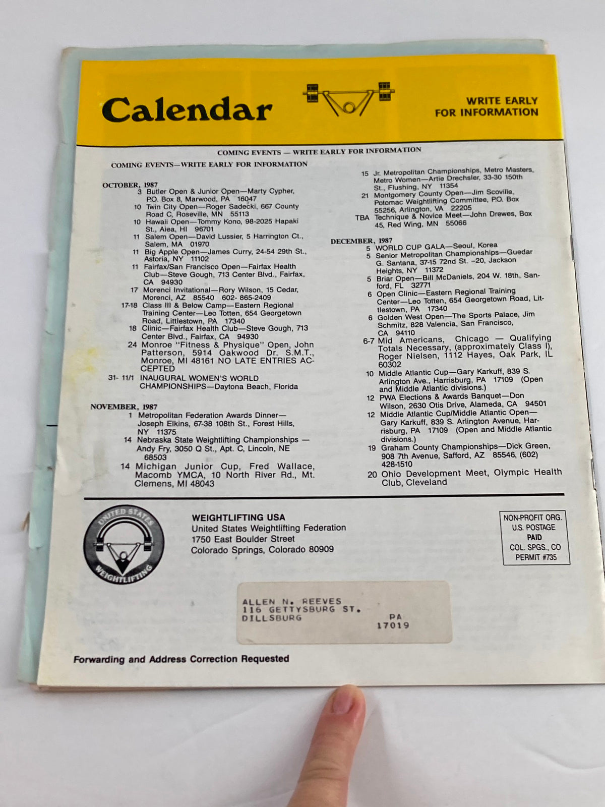Calendar page from Vintage Weightlifting USA Magazine 1987 Vol 5 #4 listing upcoming weightlifting events and competitions scheduled for October and December 1987.