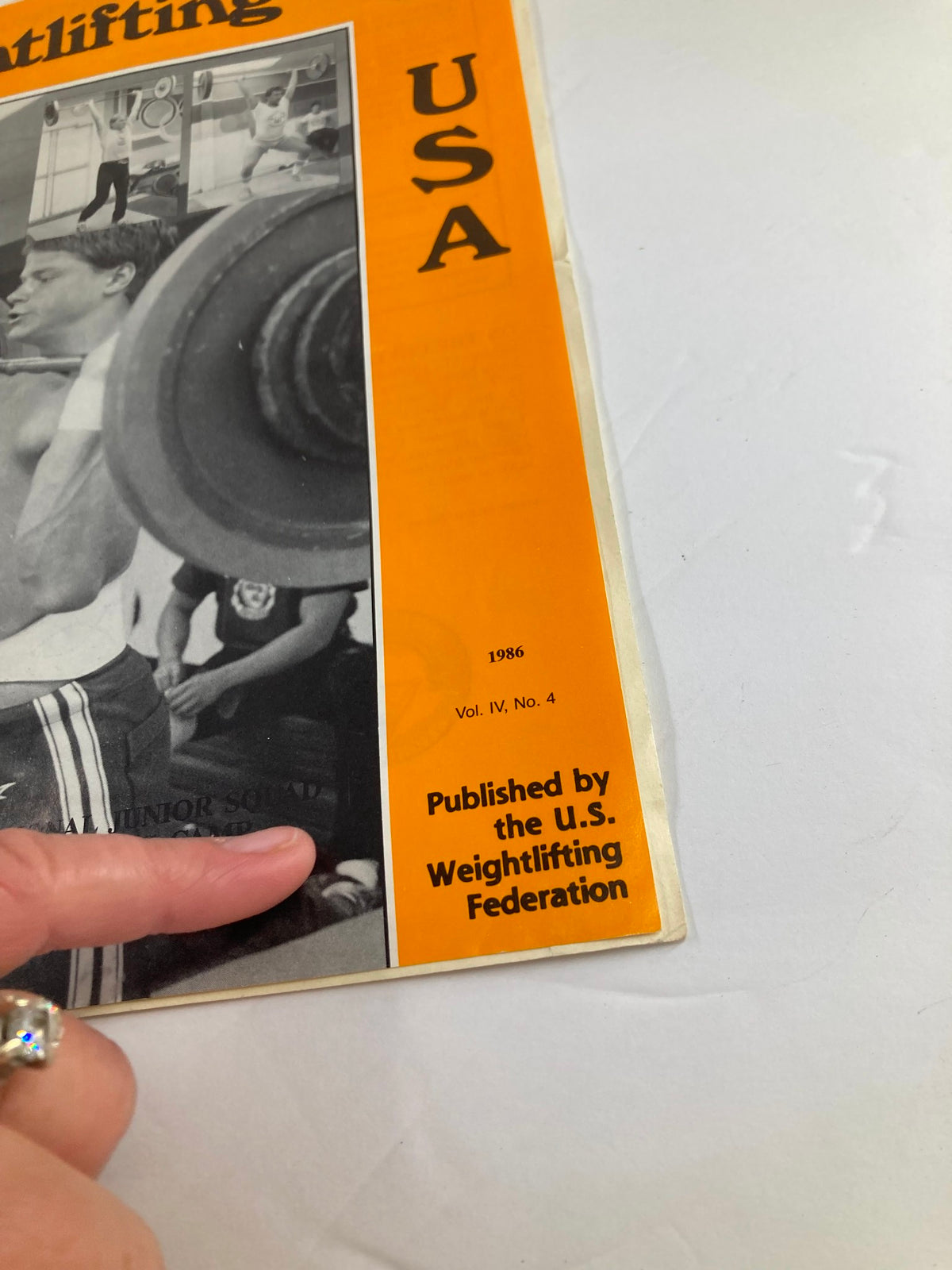 Close-up view of the cover of VTG Weightlifting USA Magazine 1986 Vol 4 #4 highlighting the published details by the U.S. Weightlifting Federation.