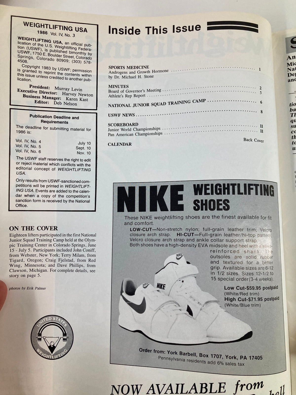 Inside page of VTG Weightlifting USA Magazine 1986 Vol 4 #4, featuring the table of contents with listings for various articles and sections related to weightlifting.