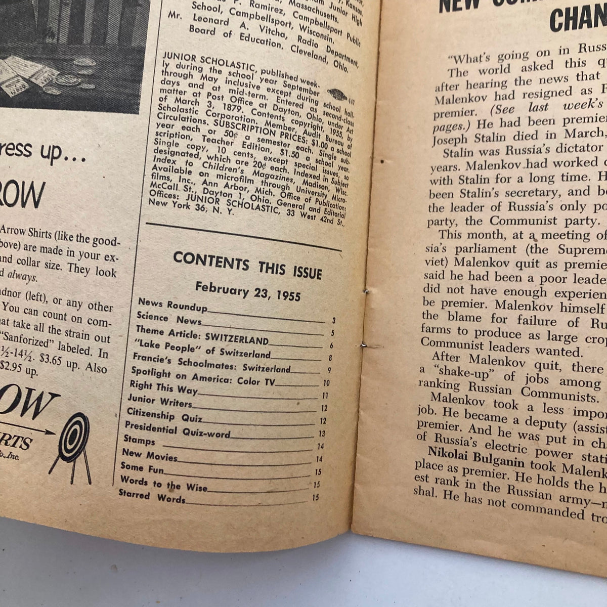 Vintage Junior Scholastic Magazine February 23 1955 Heller Halliday No Label
