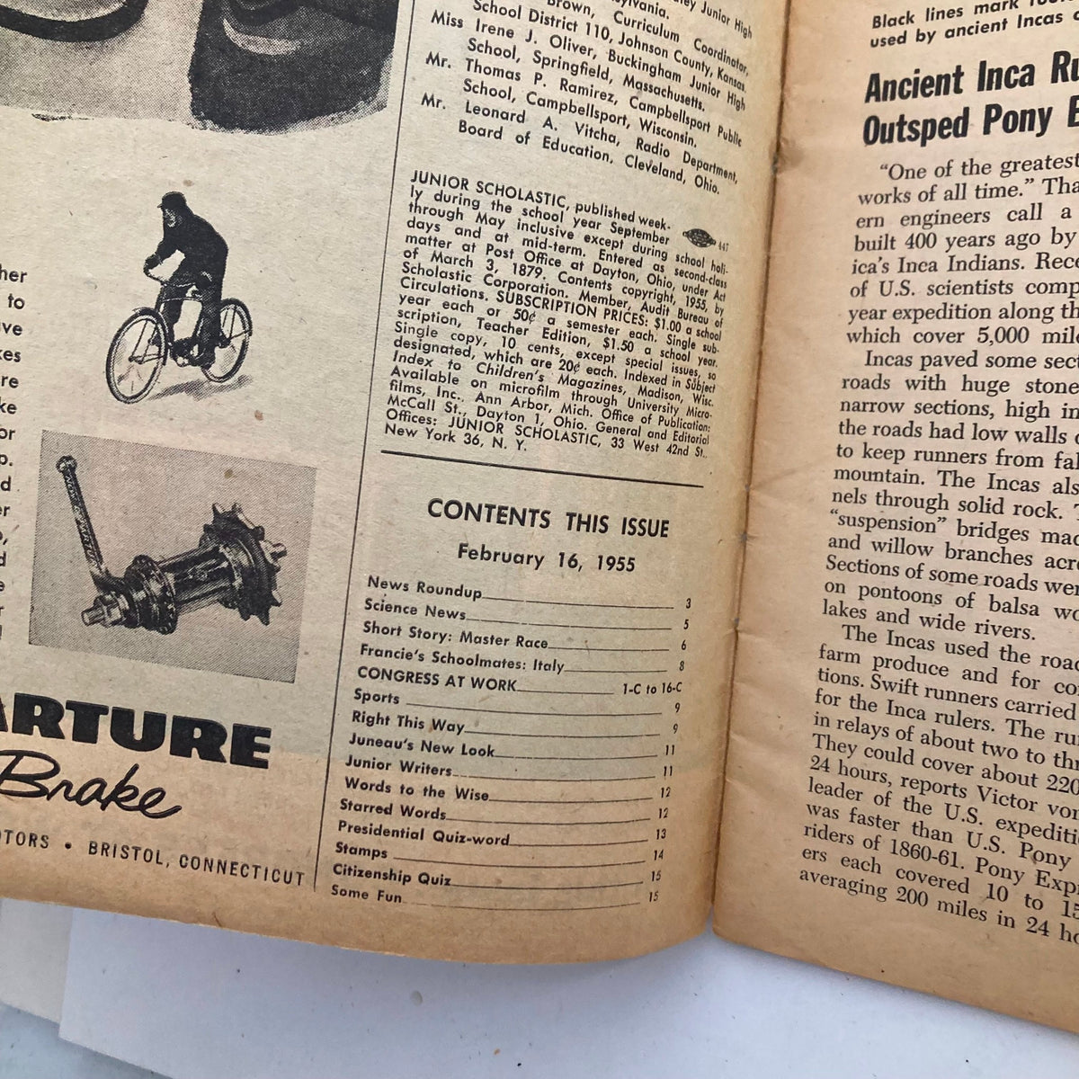 Interior page from the VTG Junior Scholastic Magazine February 16, 1955, displaying the table of contents and educational segments.