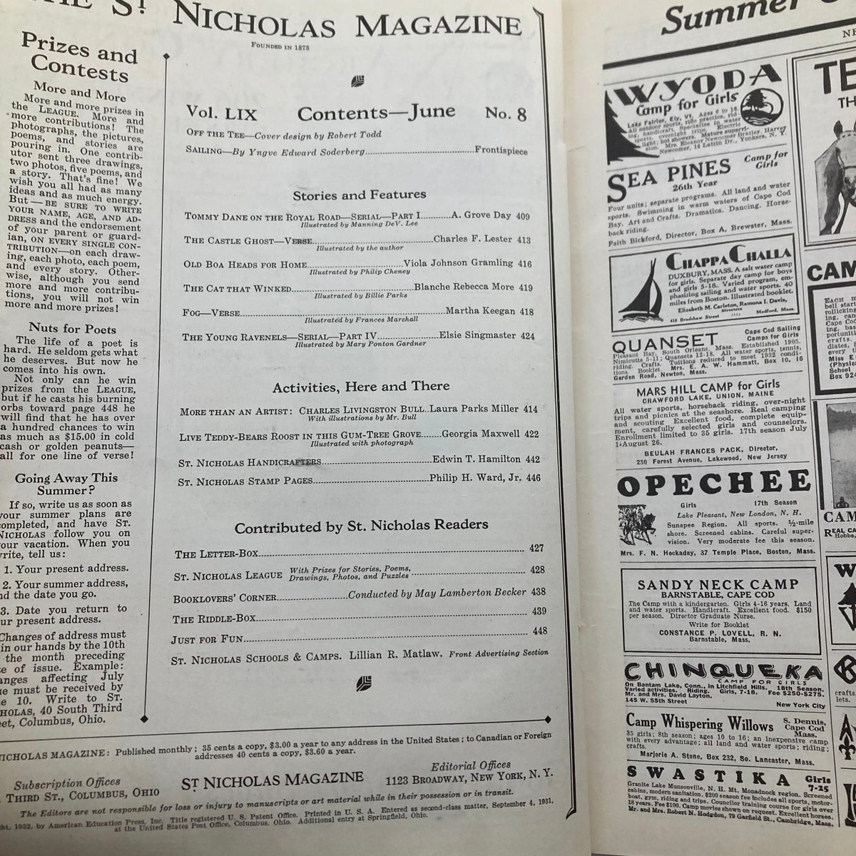 Contents page of the VTG St. Nicholas Magazine from June 1932, Volume 59, No. 9, listing stories and features, including "The Cat That Winked," capturing the essence of early 20th-century literature.