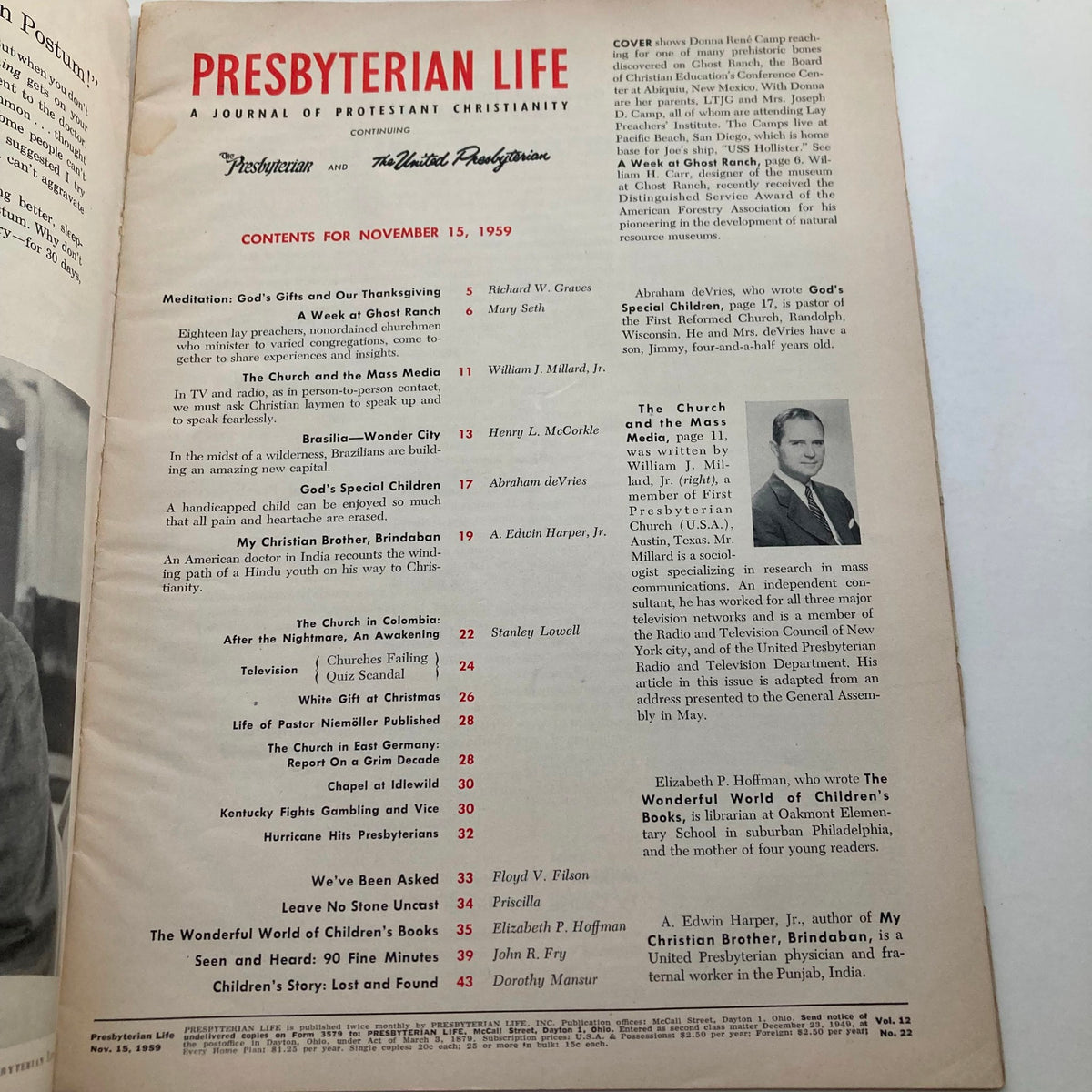Interior page of VTG Presbyterian Life Magazine November 15 1959, displaying the contents including articles and discussions on church and society, and featuring contributors like William J. Millard and Abraham deVries.