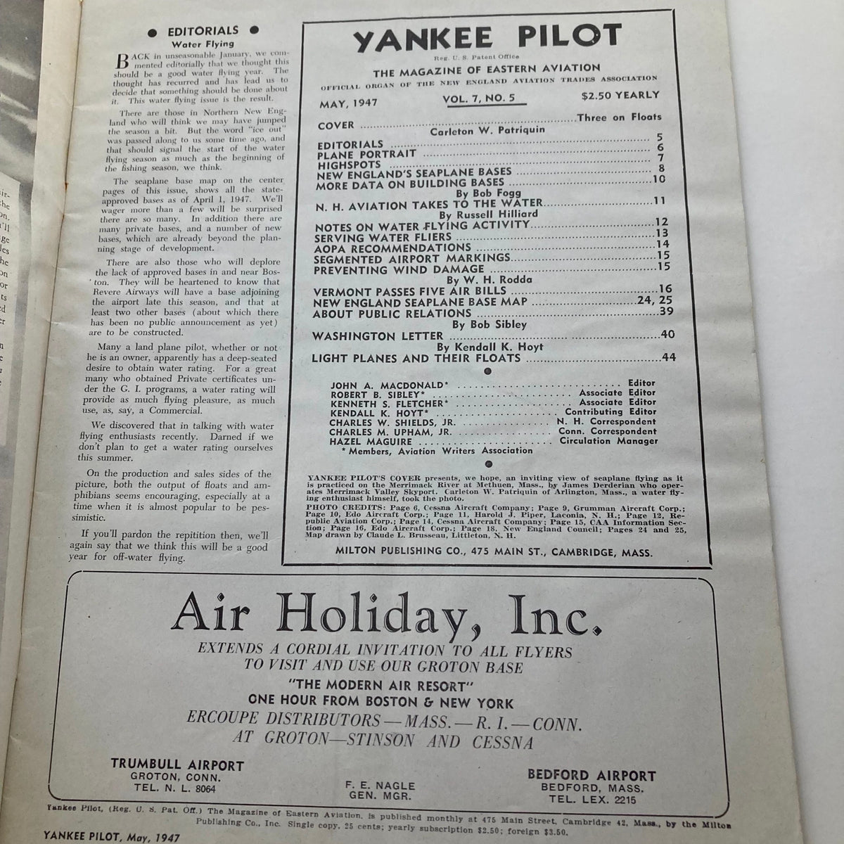 Editorial page of VTG Yankee Pilot Magazine May 1947, including article titles and topics such as water flying and aviation activities, showcasing the magazine's focus on aviation history.