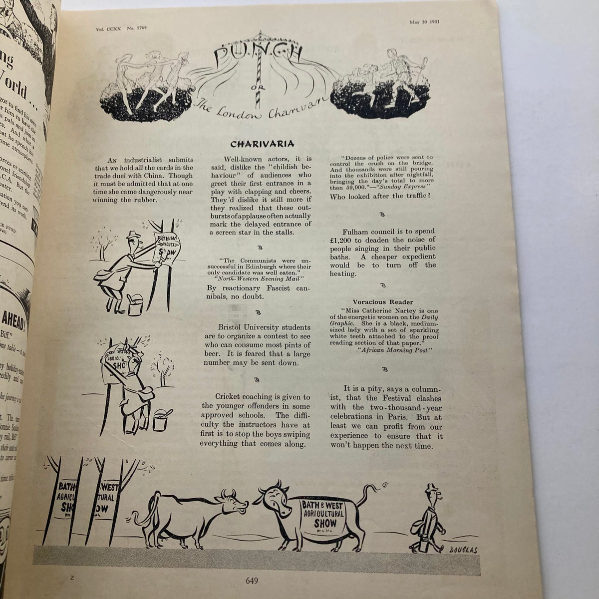 Inside page of the VTG Punch Magazine May 30, 1951 featuring witty cartoons and text under the 'CHARIVARIA' section, reflecting the humor and commentary of the time.