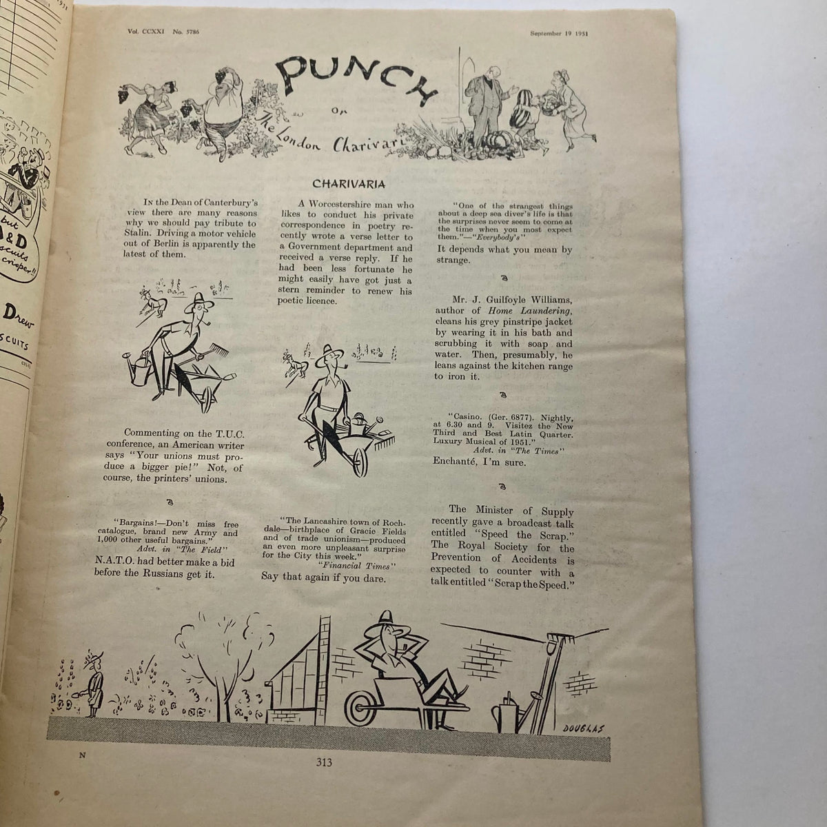 Interior page of Punch Magazine, September 19, 1951, featuring cartoons and humorous articles related to WWII, showcasing vintage illustrations and social commentary.