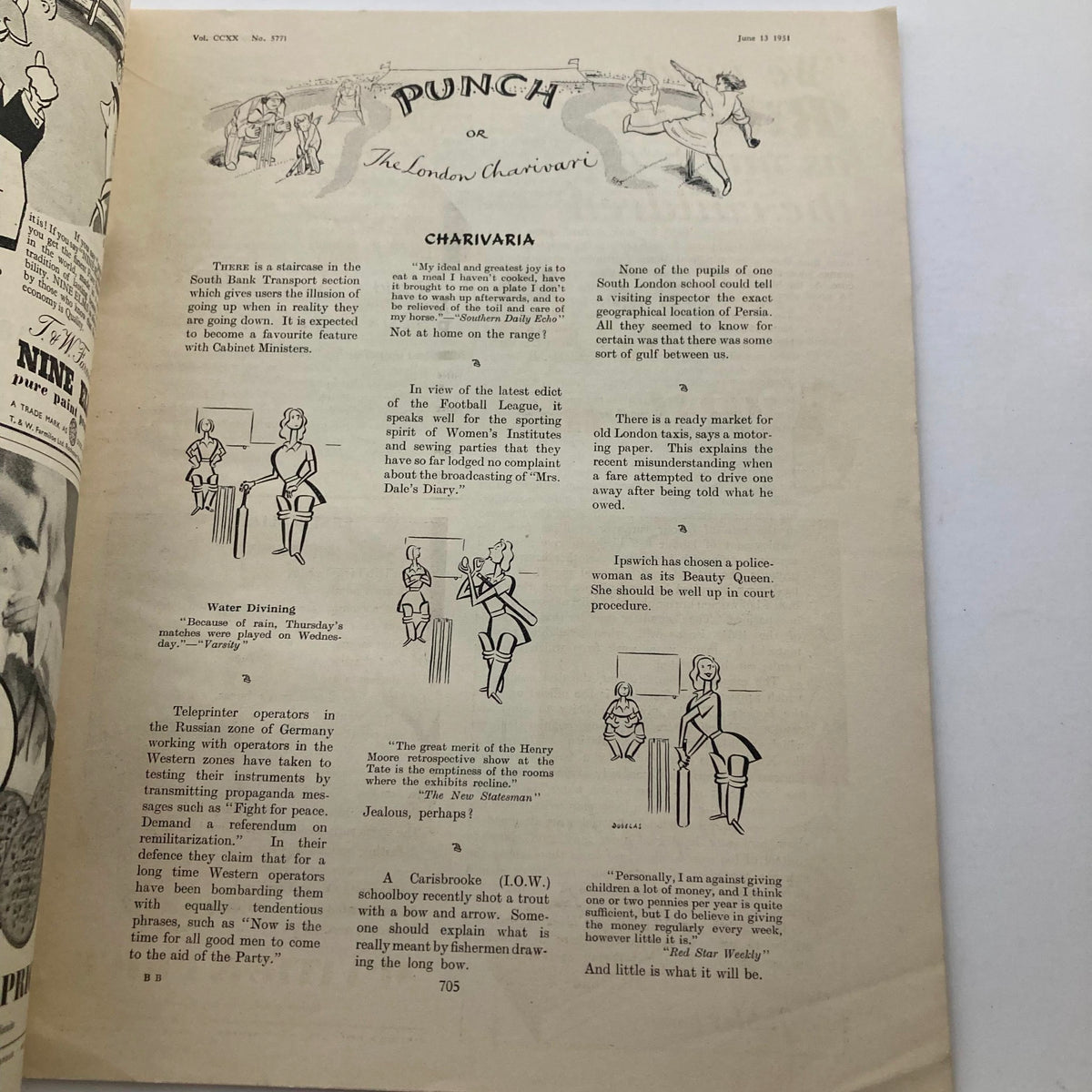 Inside page of Punch Magazine June 13 1951 Vol 220 No. 5771 displaying text and illustrations characteristic of the magazine's satire and humor.