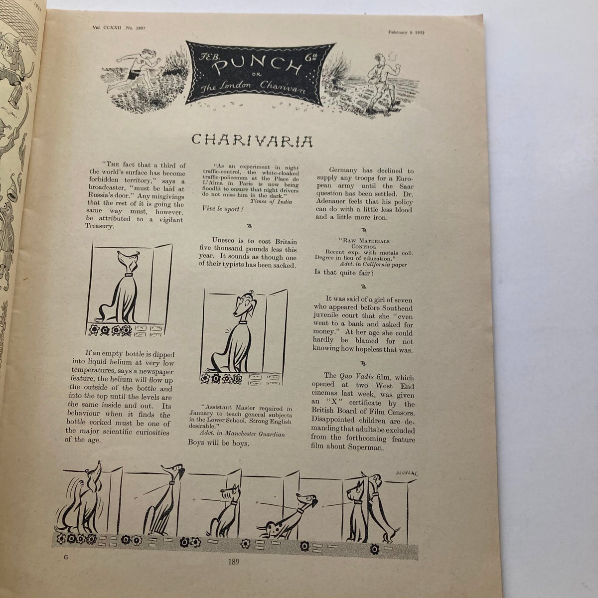 Interior page from Punch Magazine February 6, 1952, Volume 222, No. 5807 showcasing the ‘Charivaria’ section with humorous cartoons and witty commentary reflecting 1950s culture.