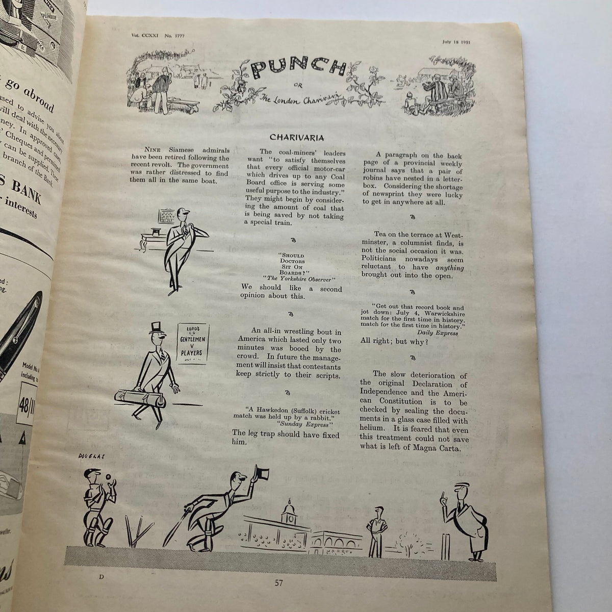 Interior page of Punch Magazine from July 18, 1951, Volume 221, Number 5777, showcasing witty articles and illustrations characteristic of the magazine's unique approach to humor.