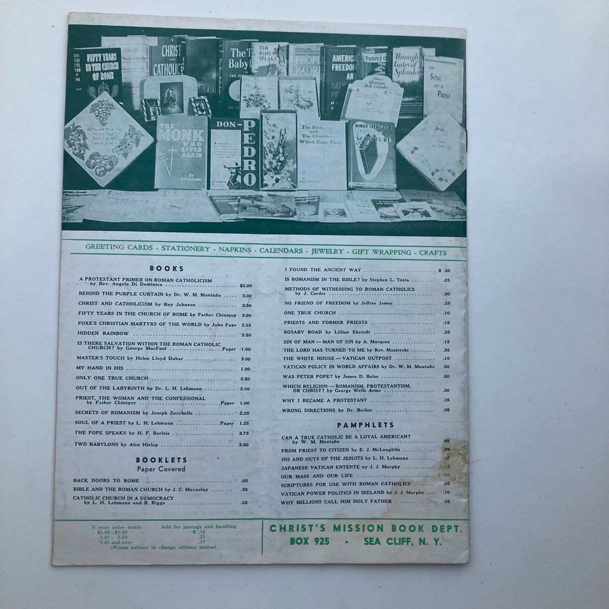 Back cover of VTG Christian Heritage Magazine October 1959 displaying a variety of products offered by Christ's Mission, including books and pamphlets related to Christianity.