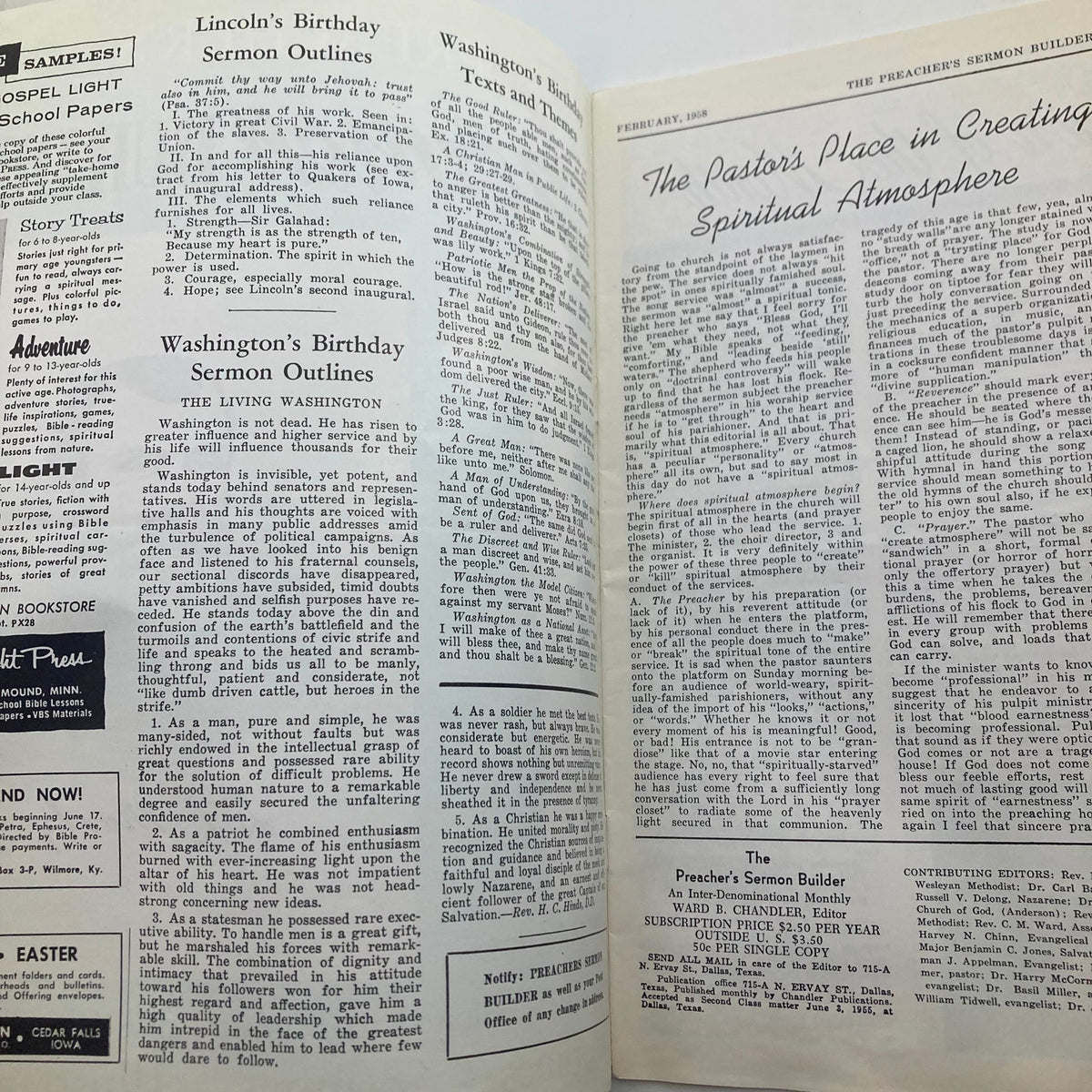 Inside pages of VTG The Preacher's Sermon Builder Magazine from February 1958 displaying sermon outlines for Lincoln's Birthday and Washington's Birthday, emphasizing historical themes relevant to preaching.