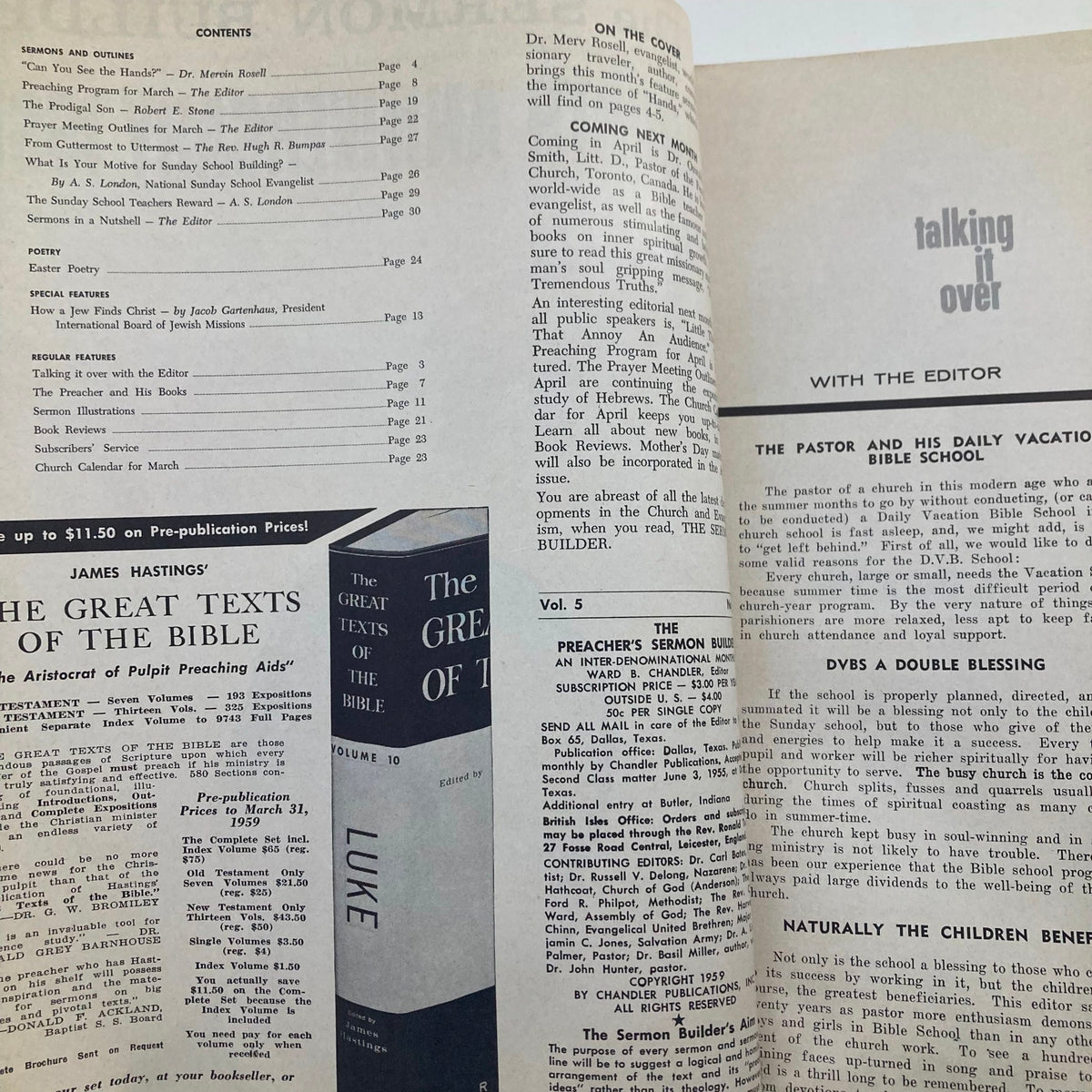 Inside page of VTG The Preacher's Sermon Builder Magazine March 1959, showcasing the table of contents and columns including sermons, poems, and features about preaching techniques.