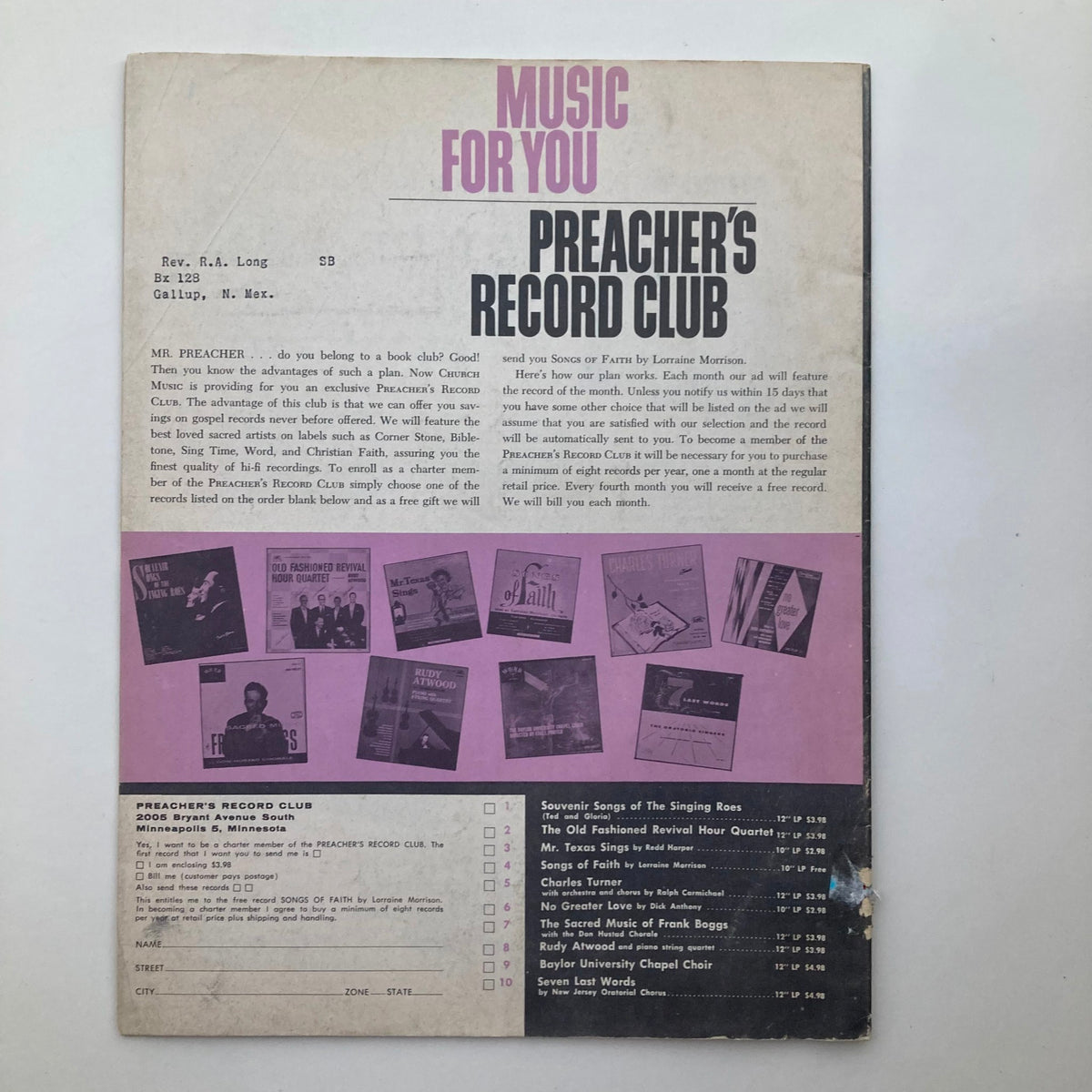 Back cover of VTG The Preacher's Sermon Builder Magazine March 1959, promoting the Preacher's Record Club with a list of featured Christian music records and a subscription form.