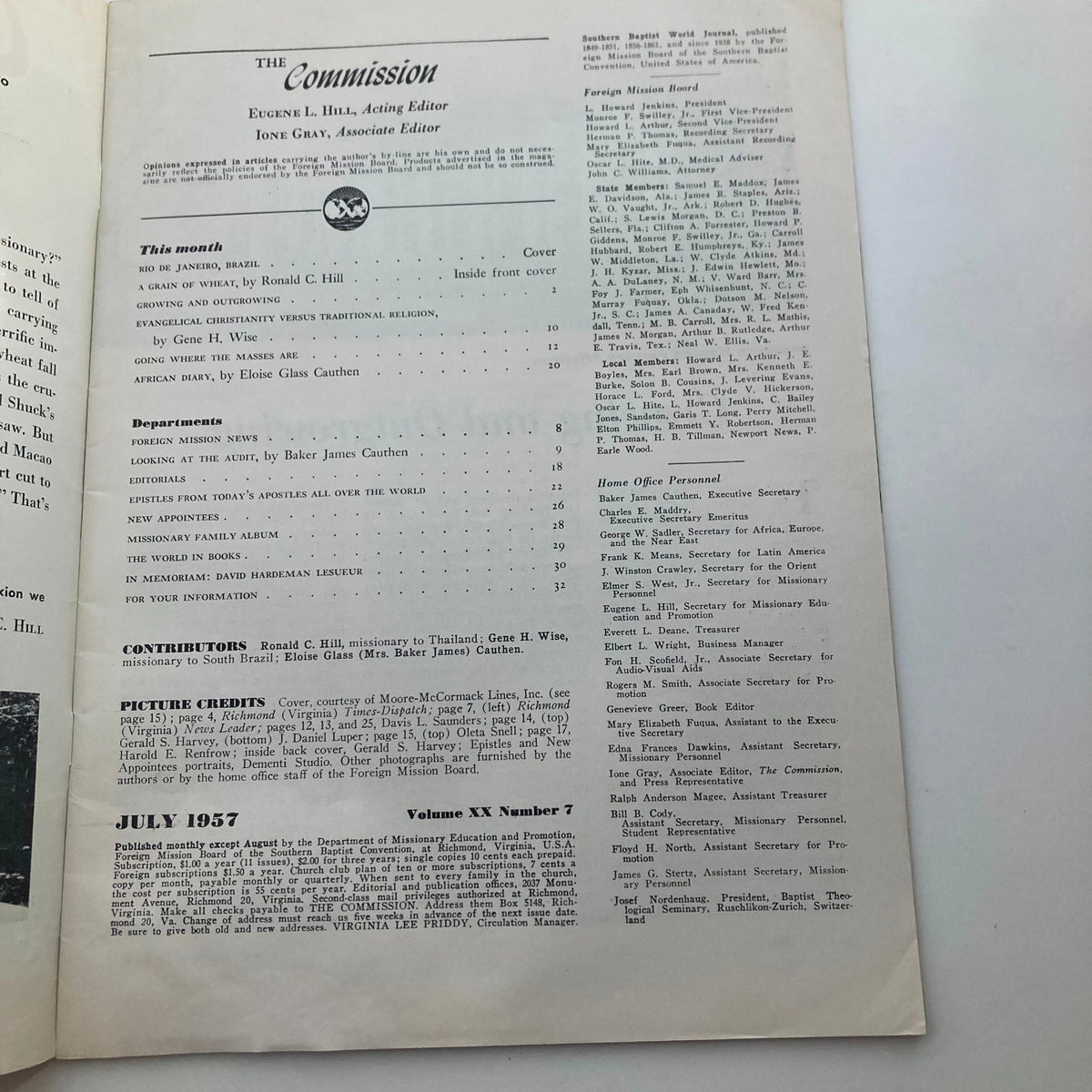 Interior page of VTG The Commission Magazine July 1957 showing table of contents and contributing articles, published by the Southern Baptist World Journal.