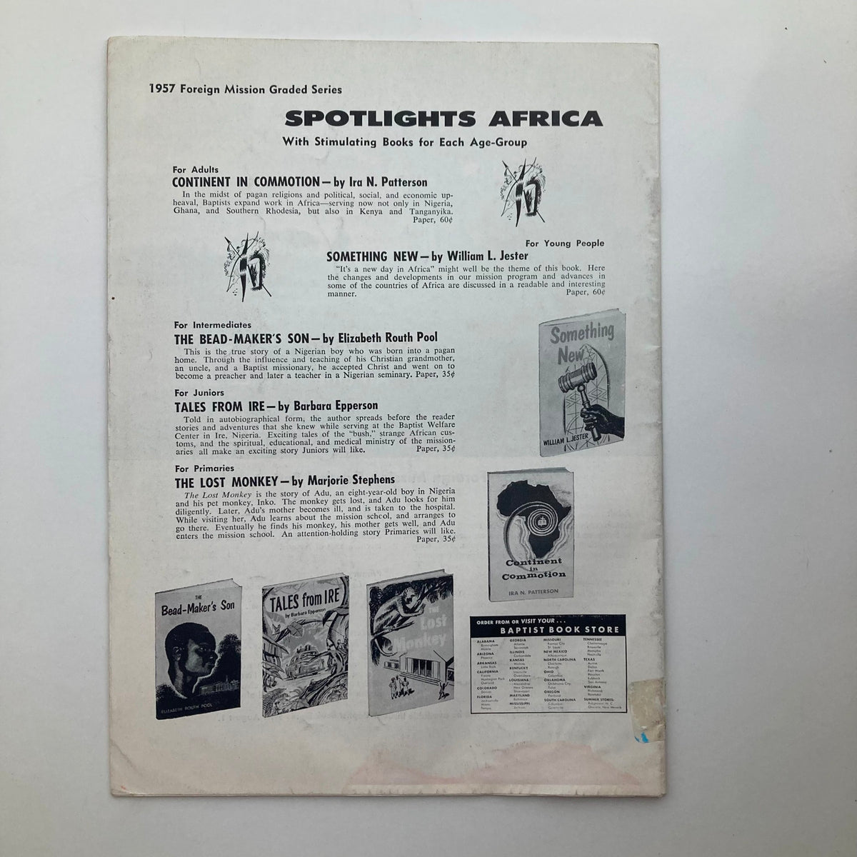 Back cover of VTG The Commission Magazine July 1957 featuring the 1957 Foreign Mission Graded Series titled 'Spotlights Africa' with a list of recommended books for various age groups.
