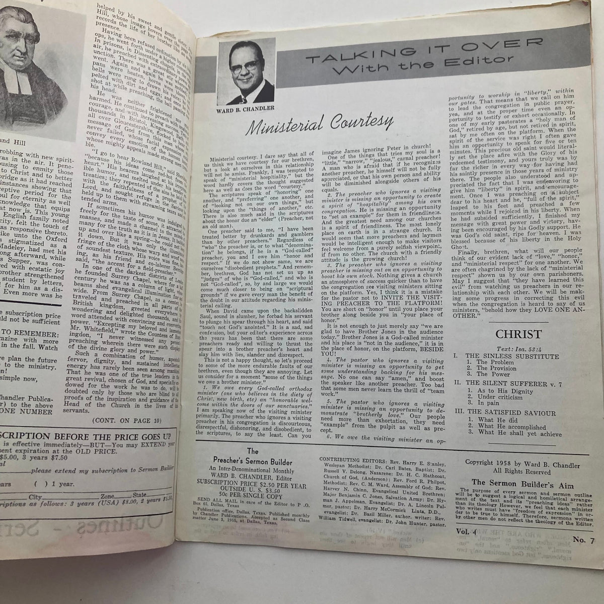 Interior page of VTG The Preacher's Sermon Builder Magazine September 1958 showcasing an article by Ward B. Chandler on Ministerial Courtesy.