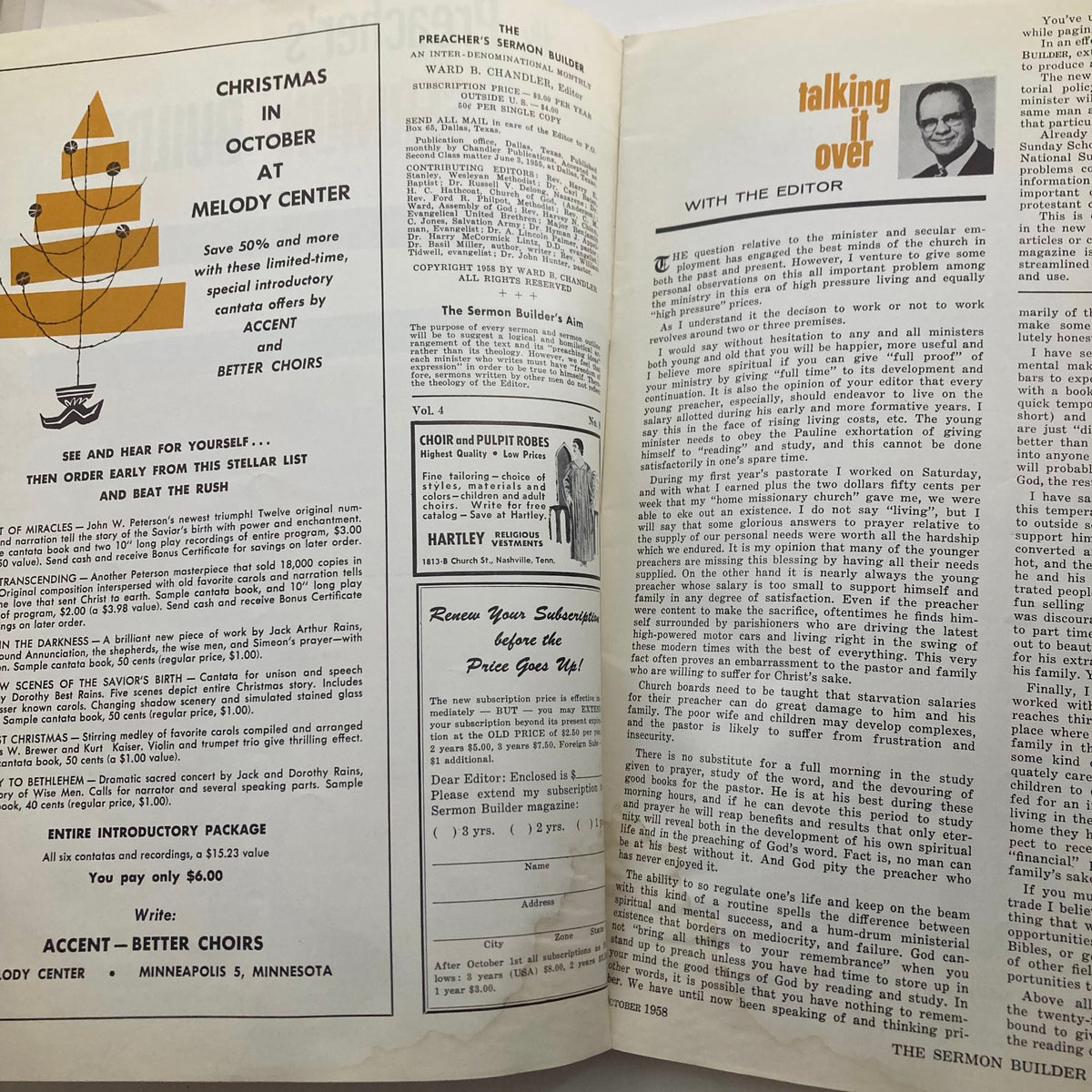 Interior page of VTG The Preacher's Sermon Builder Magazine October 1958, showcasing articles and announcements relevant to sermon preparation.
