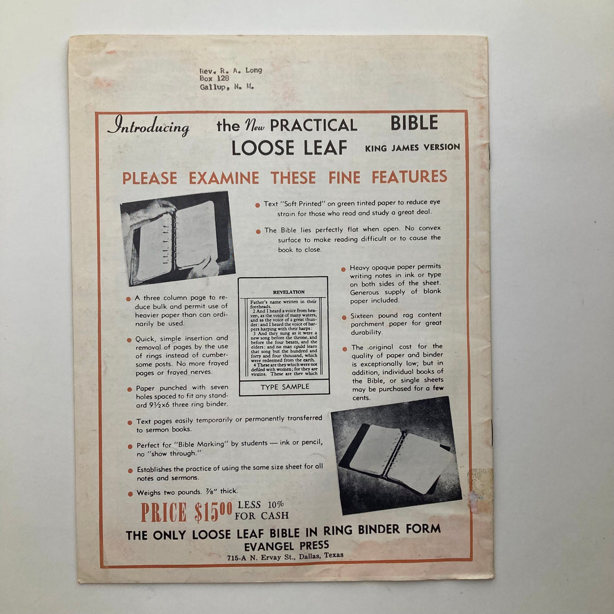 Introducing the New Practical Bible Loose Leaf King James Version - A detailed informational page showcasing features such as three-column format, heavy paper quality, and pricing details. This advertisement is relevant to the VTG The Preacher's Sermon Builder Magazine from August 1958.