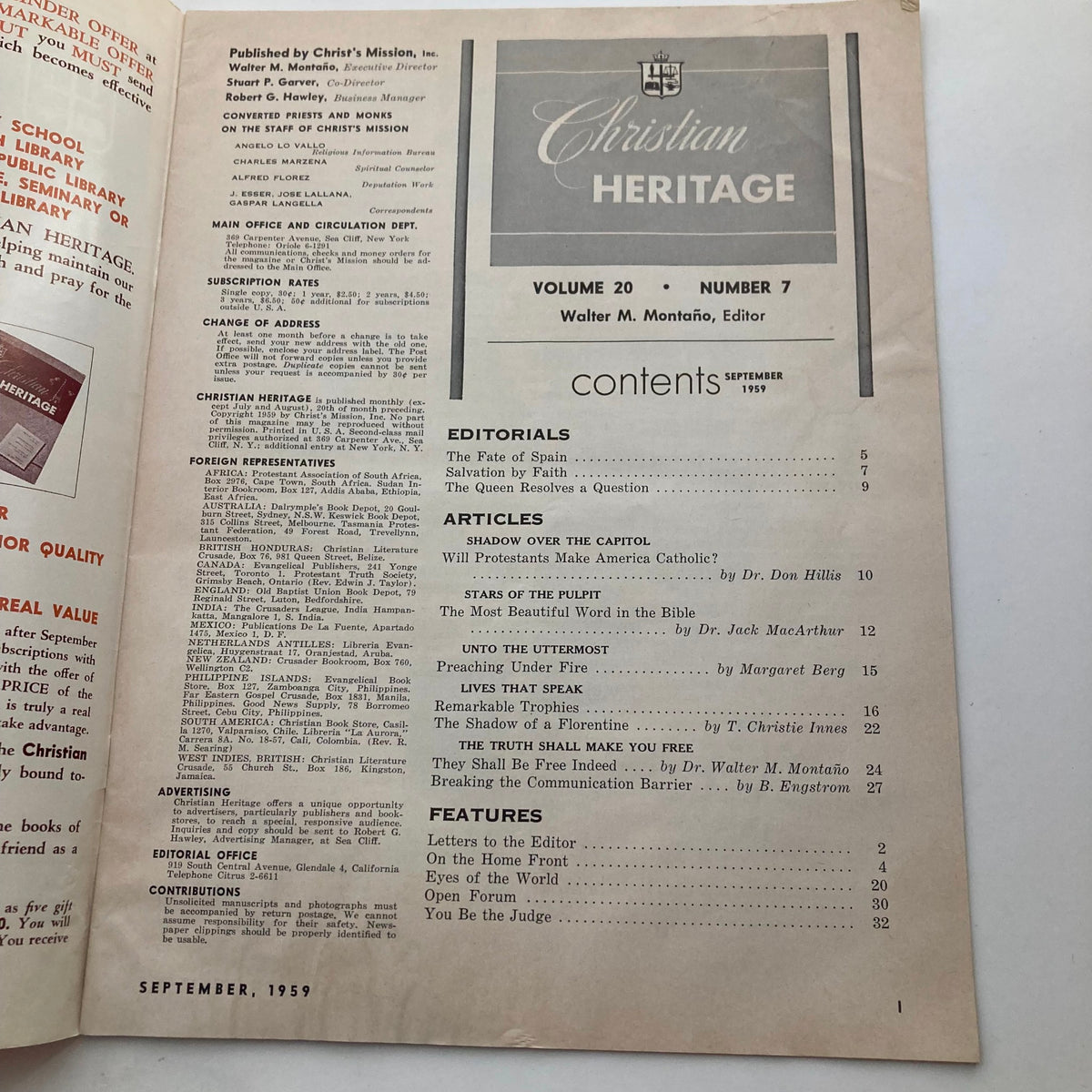 Inside page of the VTG Christian Heritage Magazine September 1959, featuring the table of contents and editorial sections, focusing on the Fate of Spain.