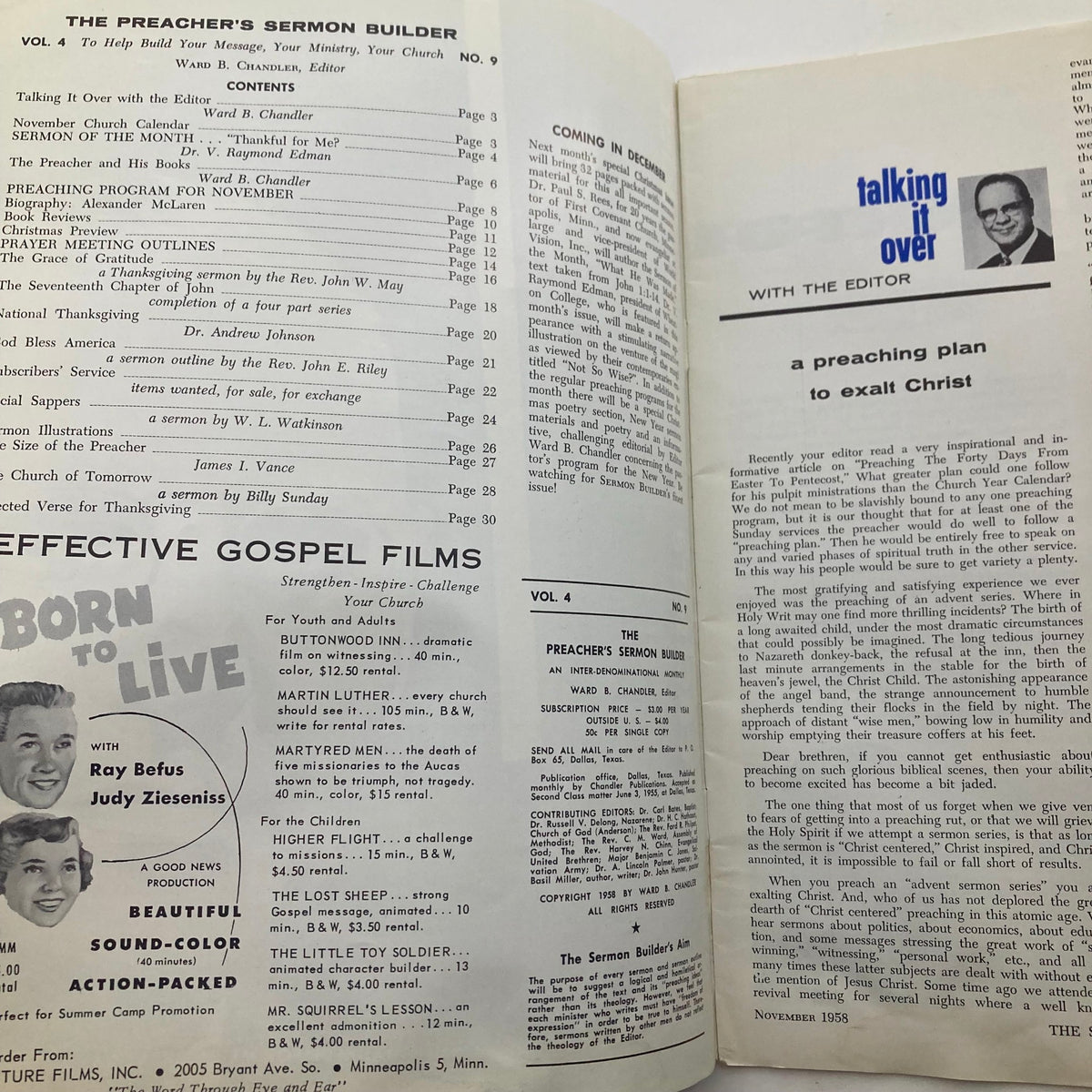Inside pages of VTG Preacher's Sermon Builder Magazine November 1958 displaying the table of contents and editor's note.