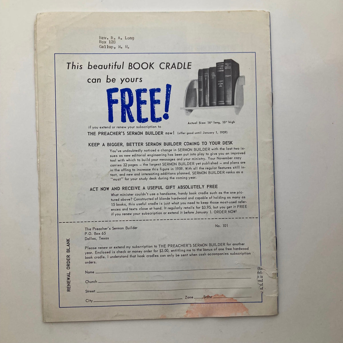 Back cover of VTG Preacher's Sermon Builder Magazine November 1958 with a subscription renewal offer and advertisement for a book cradle.