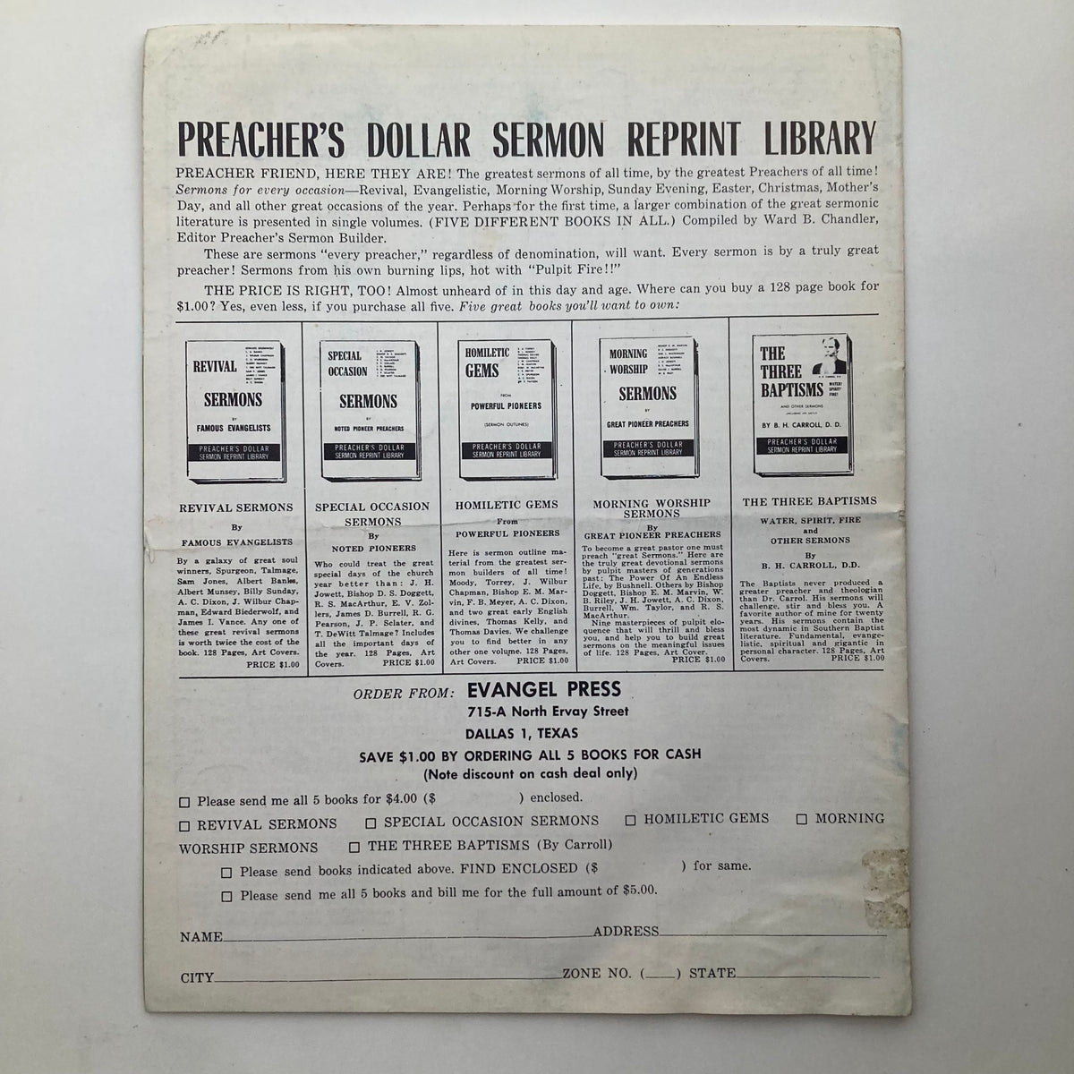 Back cover of VTG Preacher's Sermon Builder Magazine March 1958 featuring advertisements for sermon reprint library and various sermon topics, showcasing the historical context of religious literature.