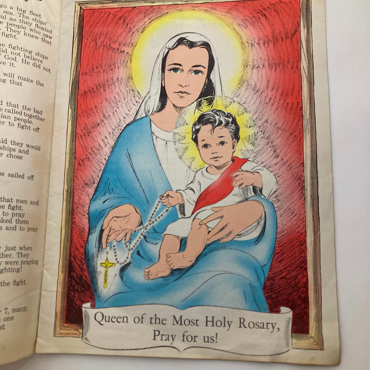 Illustration from the Mine A Catholic Juvenile Magazine October 1959 featuring the Virgin Mary with the Infant Jesus, accompanied by the prayer 'Queen of the Most Holy Rosary, Pray for us!'.
