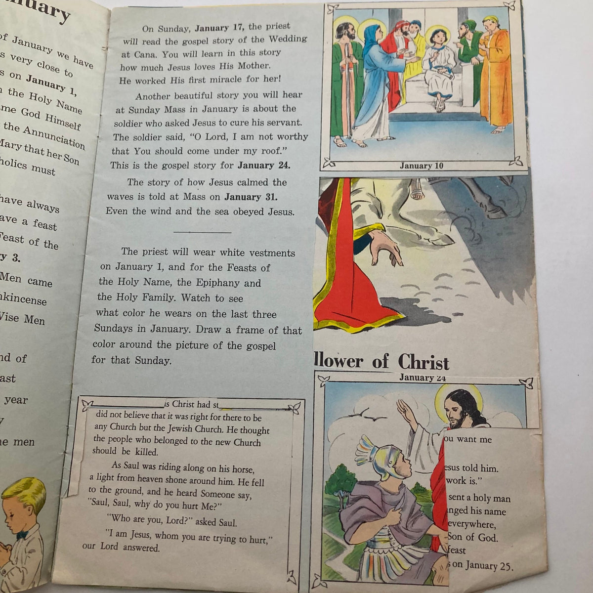 Interior page from VTG Junior Scholastic Magazine, January 5, 1955, showcasing illustrated stories and the priest's schedule for January, reflecting 1950s educational content.