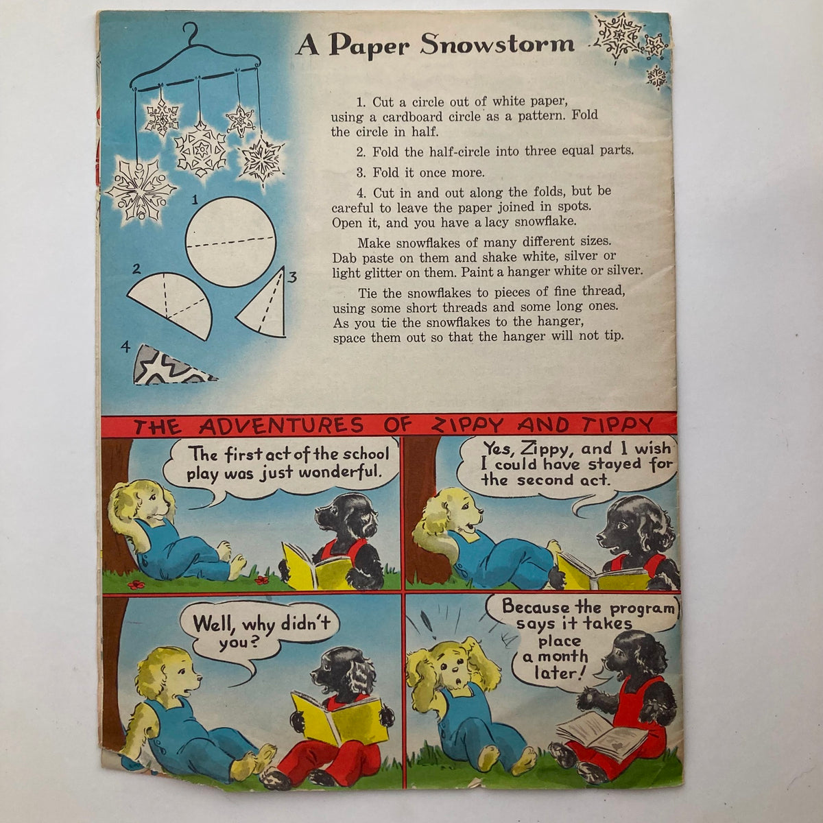Interior page of 'Mine A Catholic Juvenile Magazine January 1960' featuring a craft activity titled 'A Paper Snowstorm' and a comic strip titled 'The Adventures of Zippy and Tippy'.