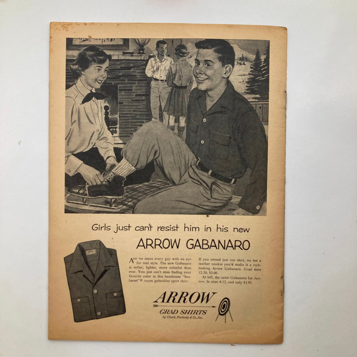 Advertisement page from VTG Junior Scholastic Magazine February 2 1955 highlighting Arrow Gabanaro grad shirts