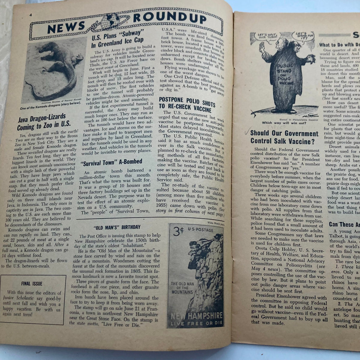 Interior pages of VTG Junior Scholastic Magazine May 18 1955 showcasing articles and illustrations with a focus on historical content and educational insights.