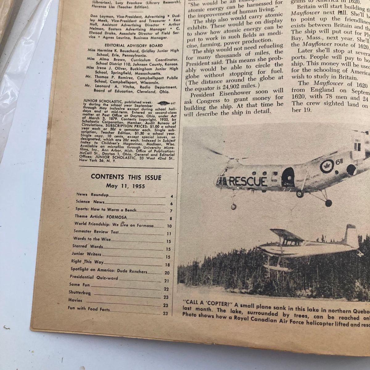 VTG Junior Scholastic Magazine May 11 1955, featuring contents including articles on science, sports, and a theme article about Formosa, showcasing a helicopter rescue operation and editorial advisory board details.