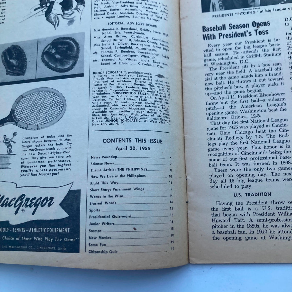 Inside page of the VTG Junior Scholastic Magazine April 20, 1955 displaying the table of contents, highlighting various articles, including science education in the Philippines.