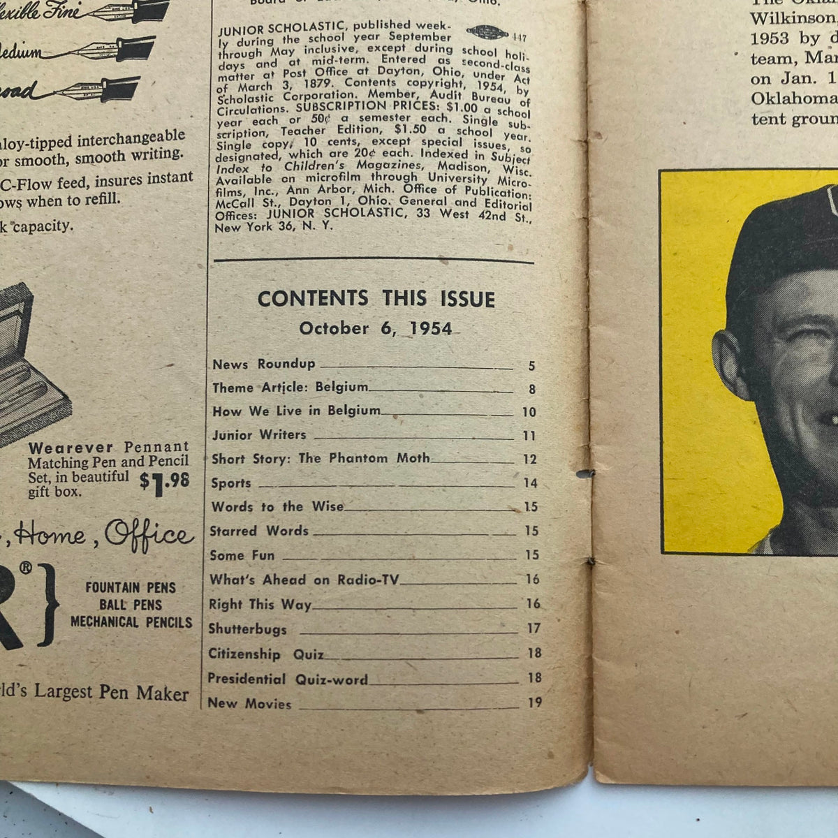Contents page of VTG Junior Scholastic Magazine October 6 1954 featuring stories and articles for young readers including the Theme Article on Belgium.