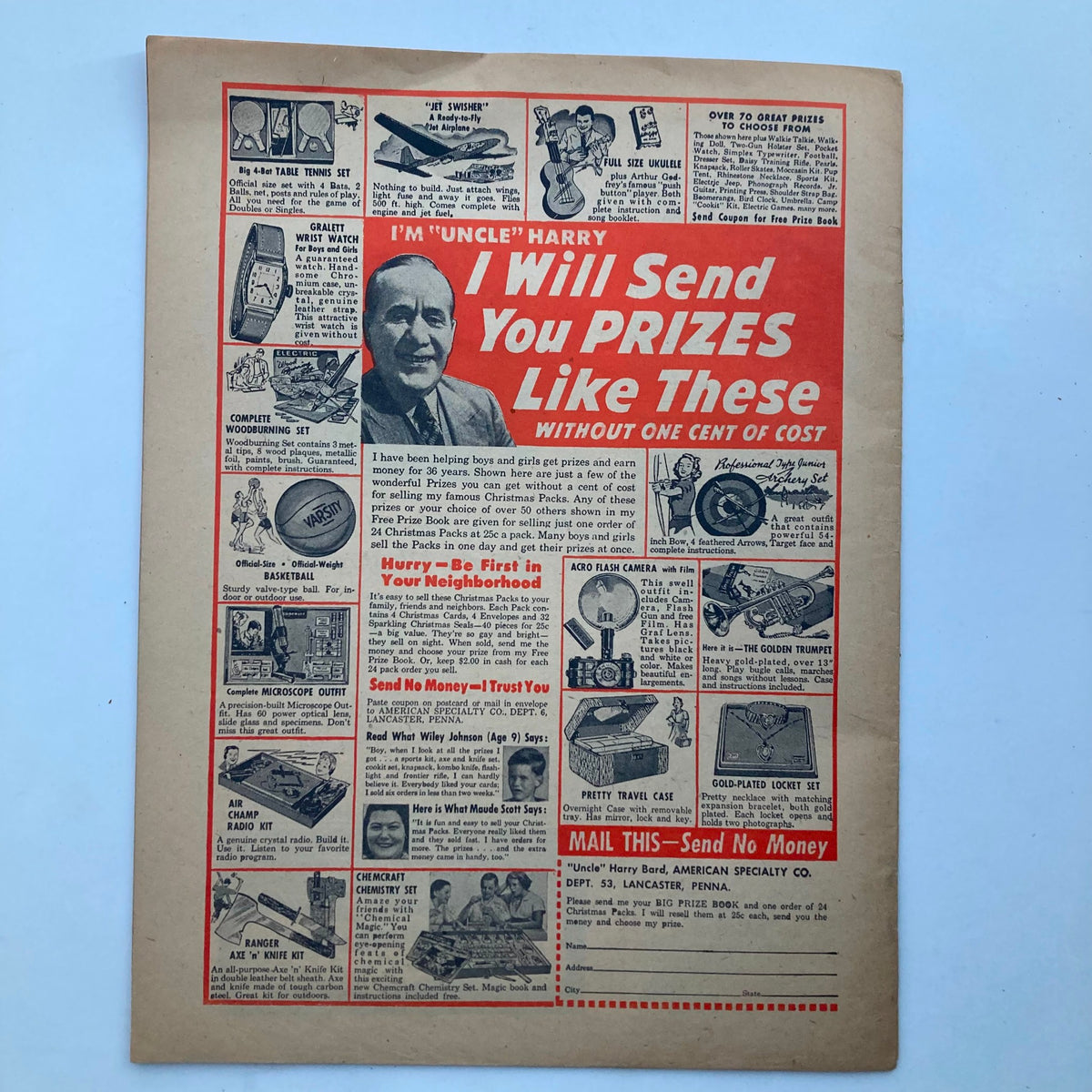 Back cover of VTG Junior Scholastic Magazine October 6 1954 showcasing advertisements including a promotion from Uncle Harry offering various prizes without cost.