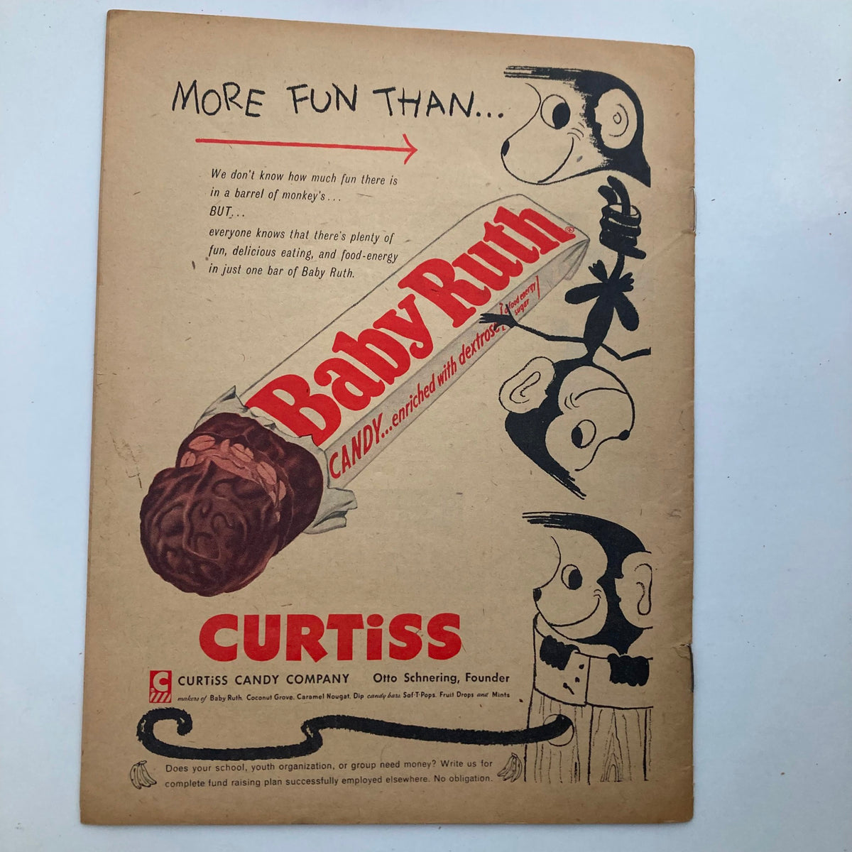 Back cover of VTG Junior Scholastic Magazine September 29 1954, advertising Baby Ruth candy with playful illustrations of monkeys.