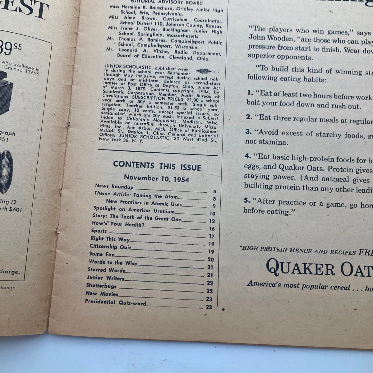 VTG Junior Scholastic Magazine November 10 1954 Mechanical Hands - Table of contents page listing articles and topics, emphasizing themes of education and atomic energy.